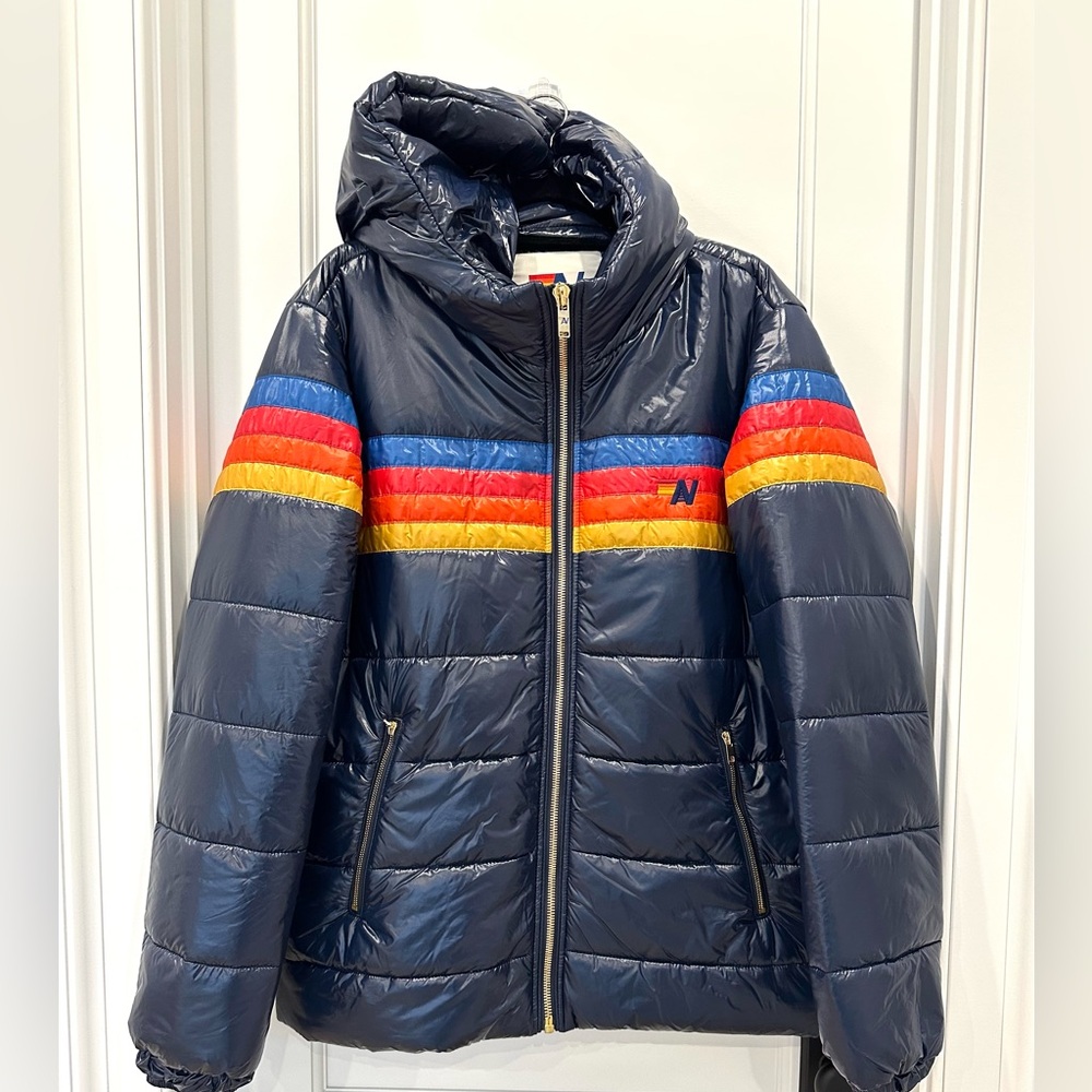 AVIATOR NATION 4 STRIPE LUXE TREKKER HOODIE JACKET - GLOSSY NAVY SIZE XL